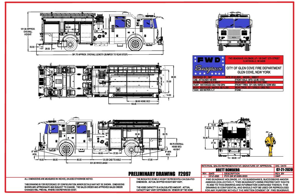 Rescue Vehicles Inc. has received an order from the Glencove Fire Department for a new Seagrave Stainless Steel Pumper.  

Some features of this apparatus include:
•	High air intake for high water situations
•	Seagrave Attacker 148” S/S Split Tilt Cab
•	Seating Capacity 8 
•	Cummins L9, 450 HP Engine 
•	Allison, 3000-EVS Transmission
•	Waterous CMU 1750 GPM
•	Wheelbase 201.5&quot;
•	OAL Approx. 391.75”
•	OAH Approx. 121.5” +
