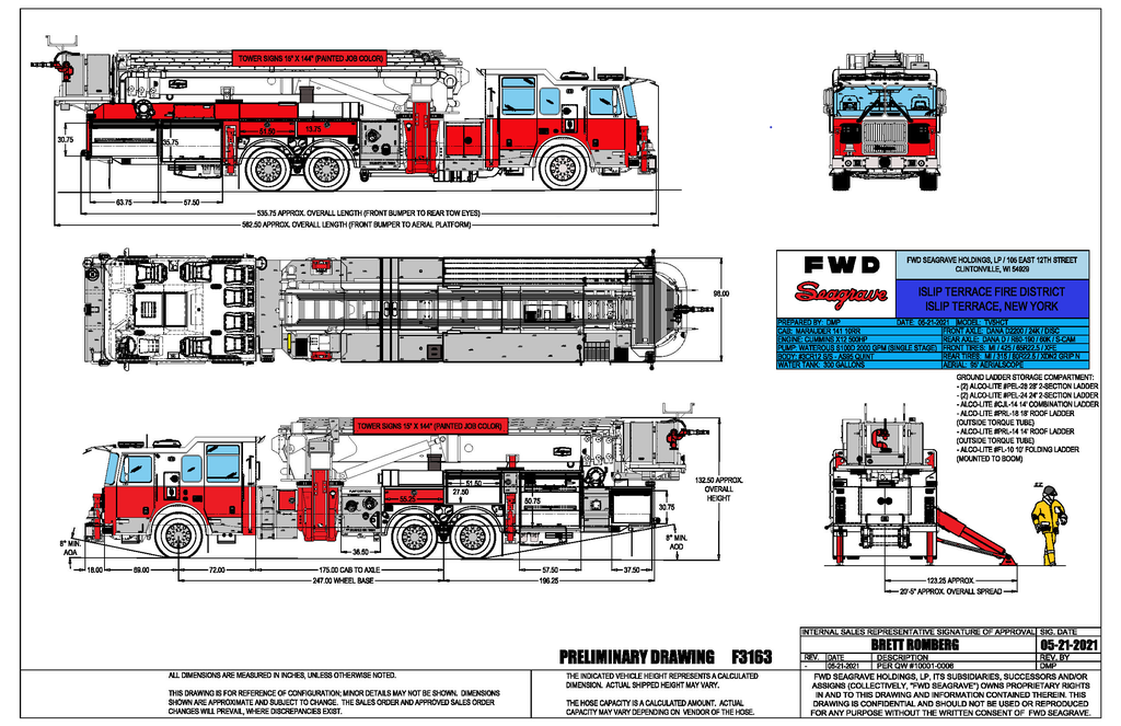 Islip Terrace Fire District of NY is looking forward to being one step closer to standardizing their fleet.  This will be their fourth Seagrave, having previously replaced a Heavy Rescue and two Engines with Seagraves.  
Some of the features 0f this 95’ Aerialscope Quint include:
•	141” Marauder S/S Full Tilting Cab
•	10” Raised Roof
•	 Seating Capacity 8 
•	 Cummins X12, 500 HP Engine 
•	Allison, 4000-EVS Transmission
•	15Kw Onan Hydraulic Generator
•	Waterous 2000GPM (Single Stage Pump)
•	300 Gal. Water Tank (UPF)
•	Wheelbase 247&quot;
•	OAL Approx. 47’
•	OAH 132.5  +/-1”

Years of experience coupled with innovative design make the Aerialscope the safest, toughest, and most efficient choice on the market. The Aerialscope is rugged, safe and easy to use. It is a tough, dependable, and highly maneuverable machine. And as always 1000 lb. platform capacity while flowing 1000 GPM with no restrictions in boom operation.
