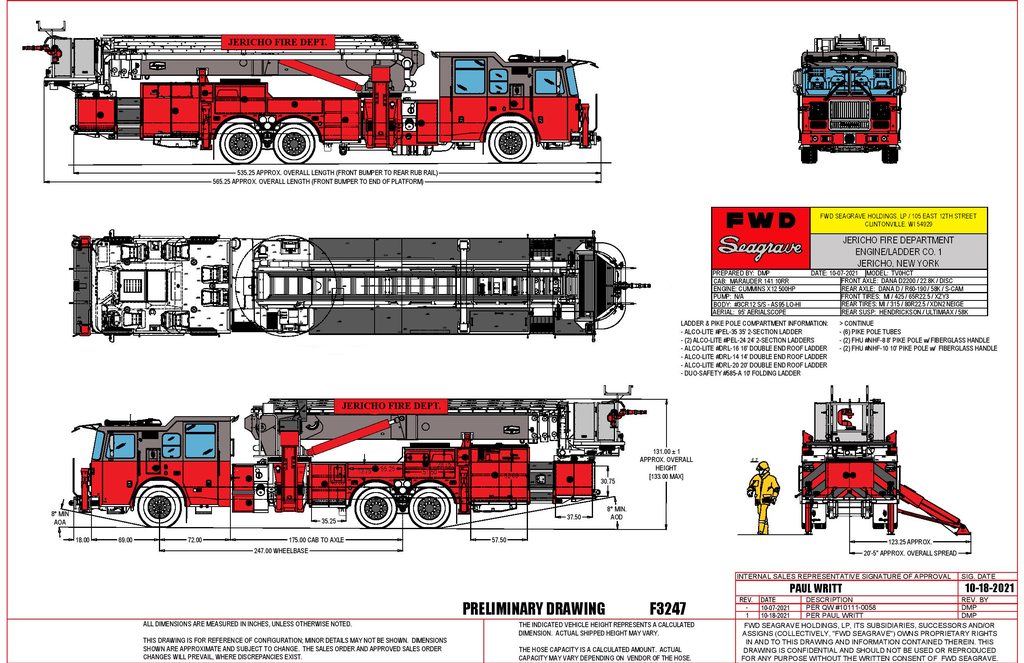 Rescue Vehicles Inc. has received an order from Jericho Fire District for a
95’ Aerialscope 
1000lb. Capacity/Flowing 1000 GPM Unrestricted
Marauder 141”  SS Cab 
10” Raised Roof
6 Seating Positions & PAC Track
Cummins X12 500HP, Allison EVS 4000
3CR12 SS Body with Lo-Hi Configuration
L/S Topside Roof Saw Access Compartment.
Transverse Stokes Compartment
Durablack Wheels
Black LineX on exterior Tread Plate
